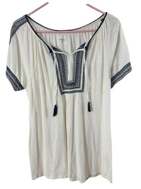 Ruff Hewn Boho Embroidered Tassel Top White Navy Size Medium
